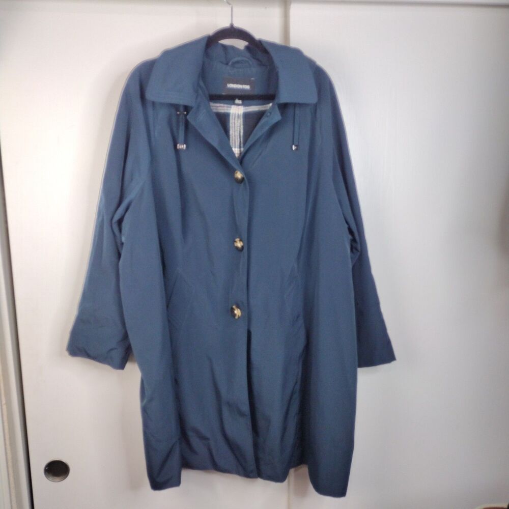 London Fog Women's Removable Hood Trench Rain Coat Plus Size 3X Dark Teal Blue